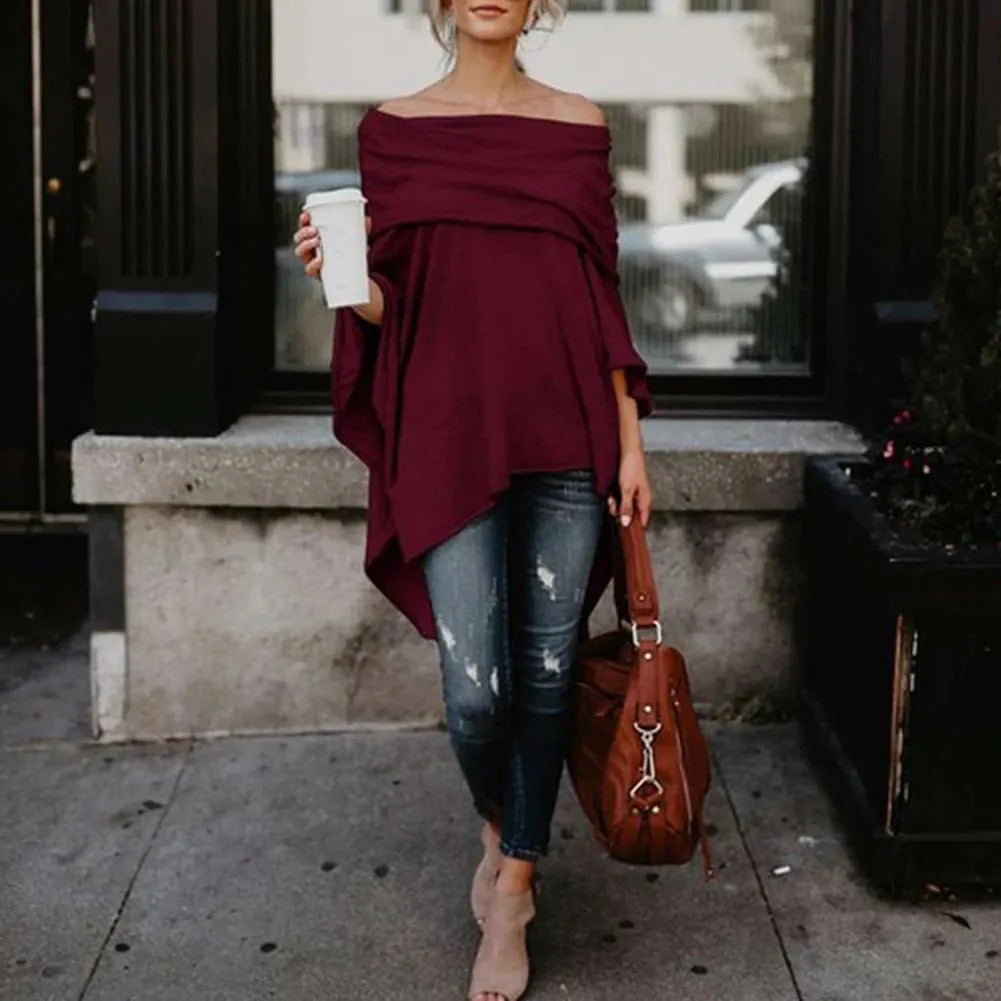 Women’s Long Sleeve Top – Off Shoulder – Relaxed Fit – Knit Fabric – Asymmetrical Hem