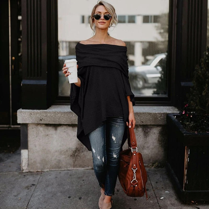 Women’s Long Sleeve Top – Off Shoulder – Relaxed Fit – Knit Fabric – Asymmetrical Hem
