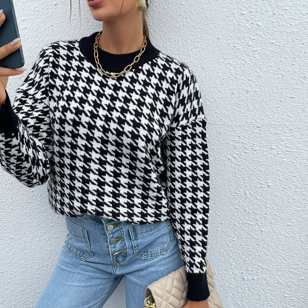 Women’s Pullover Sweater – Relaxed Fit – Wool Blend – Houndstooth – Ribbed Trim