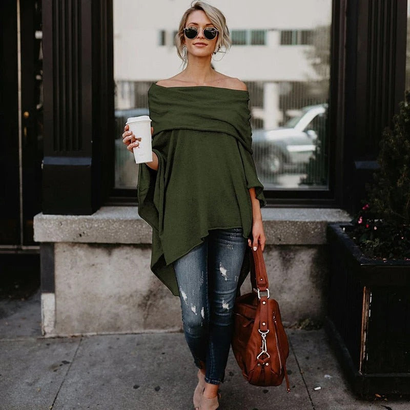 Women’s Long Sleeve Top – Off Shoulder – Relaxed Fit – Knit Fabric – Asymmetrical Hem