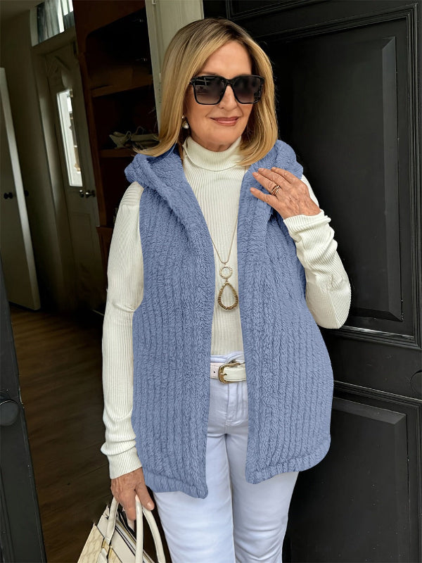 Women’s Hooded Vest – Fuzzy Texture – Relaxed Fit – Sleeveless Open Front Layering