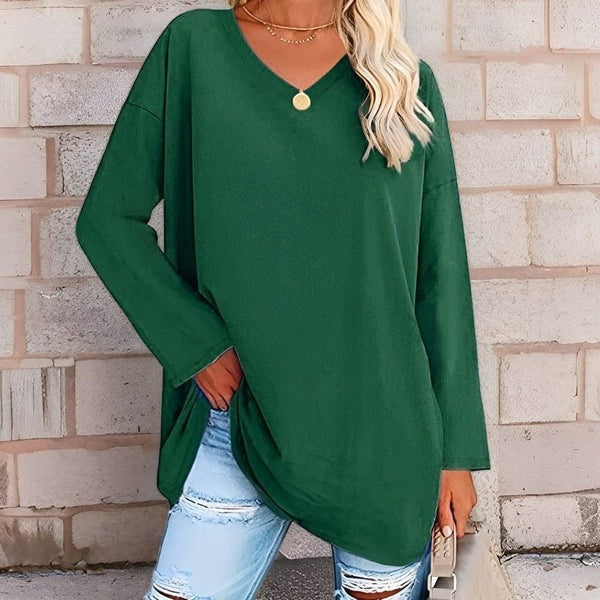 Women’s Long Sleeve Shirt – Oversized Fit – Cotton Feel – V-Neck Casual Style