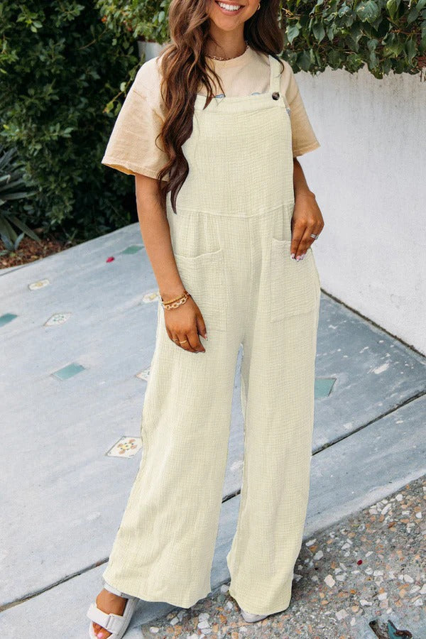 Women’s Jumpsuit – Relaxed Fit – Cotton Blend – Wide Leg – Sleeveless – Front Pockets