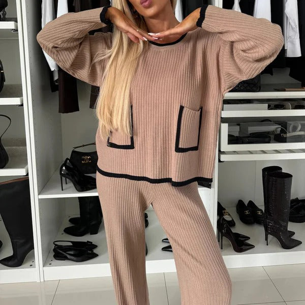 Women’s Two-Piece Loungewear Set – Ribbed Knit – Relaxed Fit – Contrast Trim – Full Length Pants