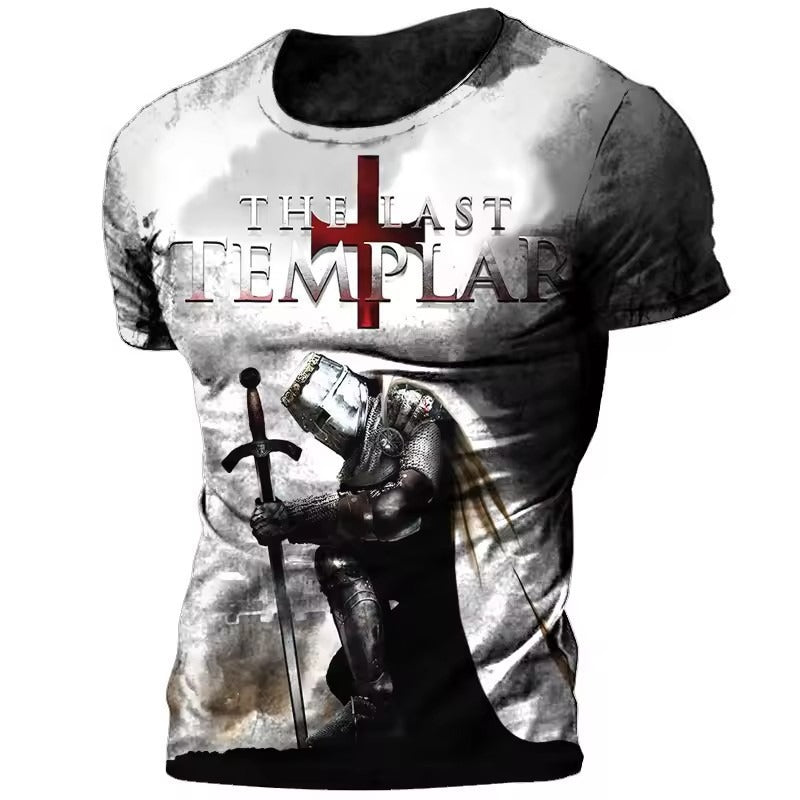 Mens Loose Round Neck Crusader T Shirt Bold Motif For Everyday Casual Comfort Relaxed Fit And Streetwear Appeal