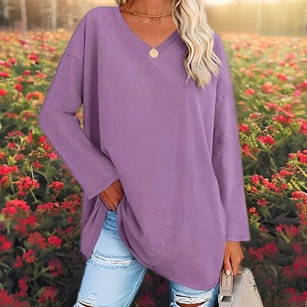 Women’s Long Sleeve Shirt – Oversized Fit – Cotton Feel – V-Neck Casual Style