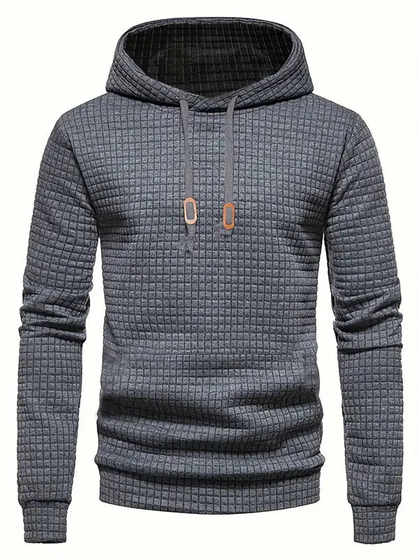 Men's Quilted Texture Pullover Hoodie With Adjustable Hood Regular Fit Ribbed Cuffs