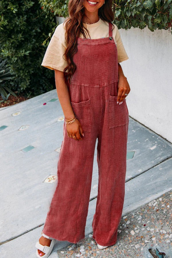 Women’s Jumpsuit – Relaxed Fit – Cotton Blend – Wide Leg – Sleeveless – Front Pockets
