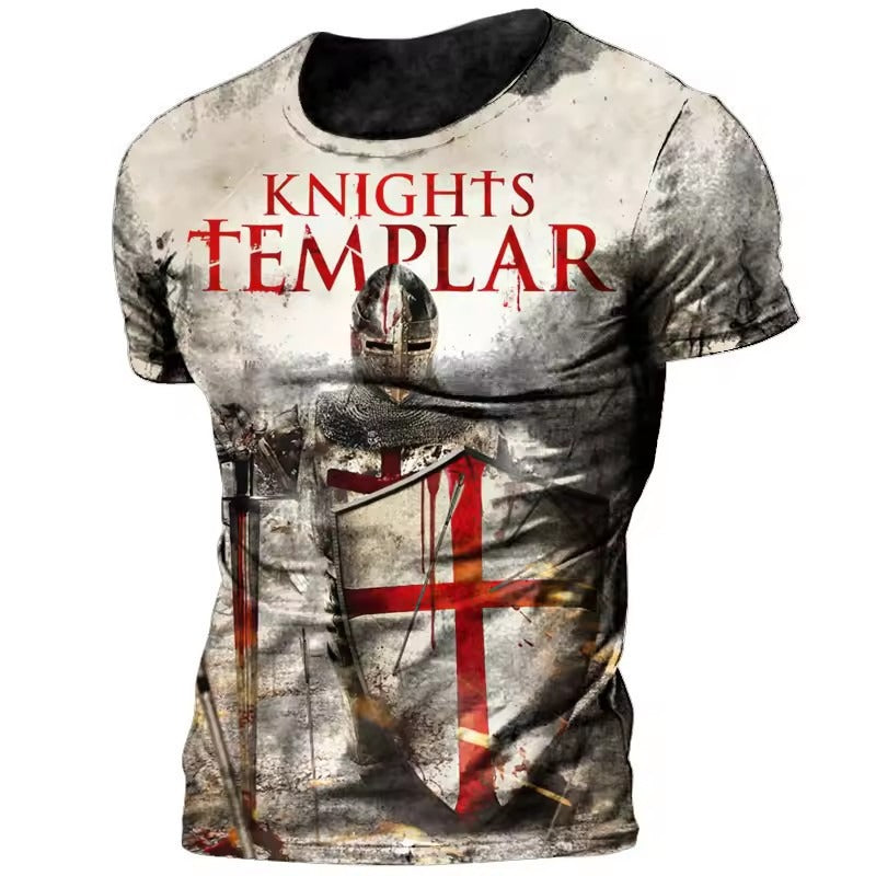 Mens Loose Round Neck Crusader T Shirt Bold Motif For Everyday Casual Comfort Relaxed Fit And Streetwear Appeal
