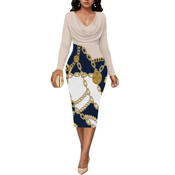 Women’s Midi Dress – Fitted Silhouette – Wrap Neckline – Long Sleeve – Chain Print