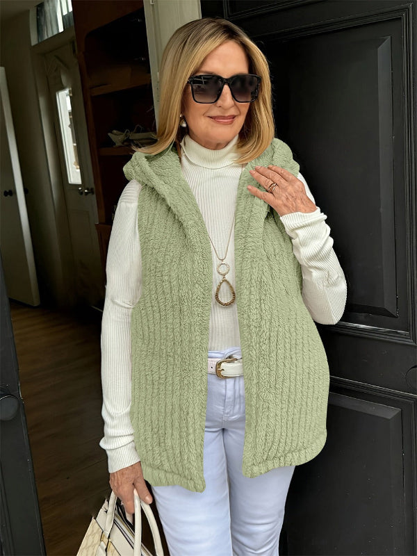 Women’s Hooded Vest – Fuzzy Texture – Relaxed Fit – Sleeveless Open Front Layering