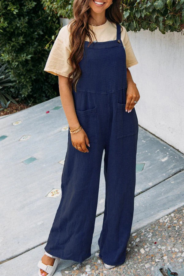 Women’s Jumpsuit – Relaxed Fit – Cotton Blend – Wide Leg – Sleeveless – Front Pockets