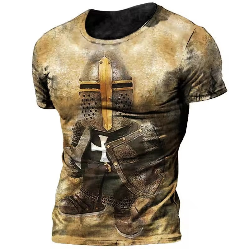 Mens Loose Round Neck Crusader T Shirt Bold Motif For Everyday Casual Comfort Relaxed Fit And Streetwear Appeal