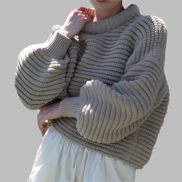 Women’s Knit Sweater – Oversized Fit – Wool Blend – High Collar – Ribbed Texture