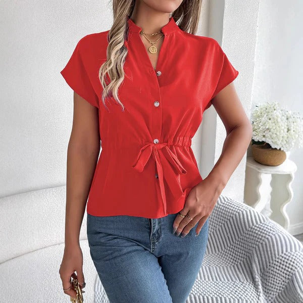 Women’s Blouse – Tailored Fit – Waist Tie – Button Front – Short Sleeve – Cotton