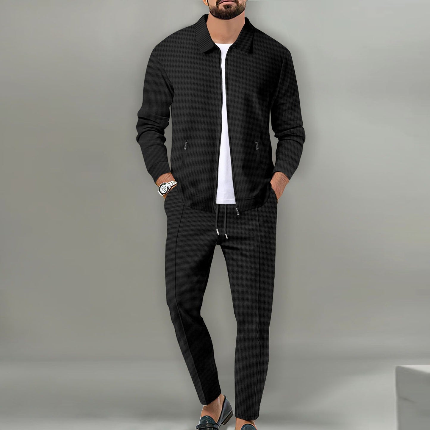 Mens Modern Two Piece Zip Jacket Set For Professional Men Effortless Tailored Look
