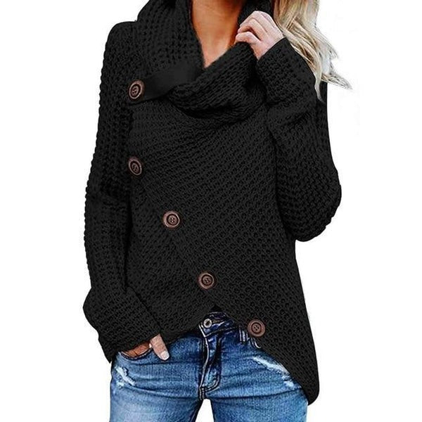 Women’s Sweater – Relaxed Fit – Waffle Knit – Cowl Neck – Asymmetric Button Front