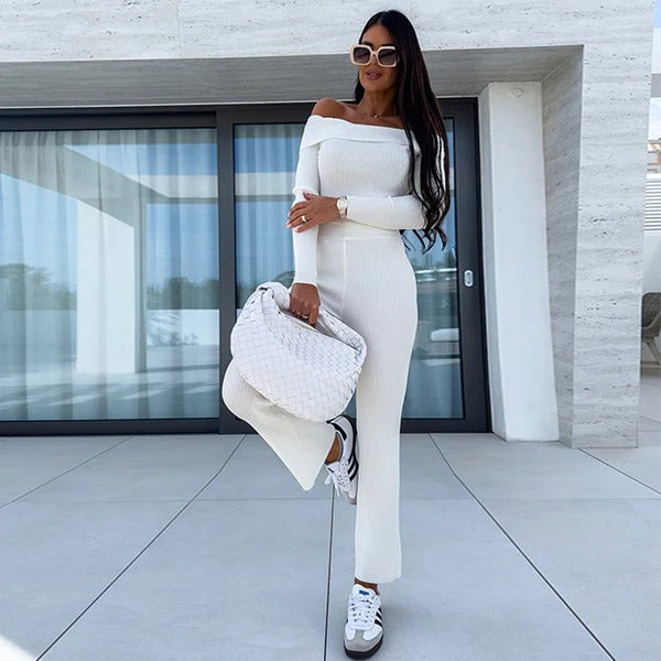 Women’s Knit Jumpsuit – Off-Shoulder Slim Fit – Long Sleeve – Flared Leg Full Length