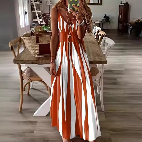 Women’s Maxi Dress – Flowing Fit – Sleeveless – V-Neck – Vertical Stripe