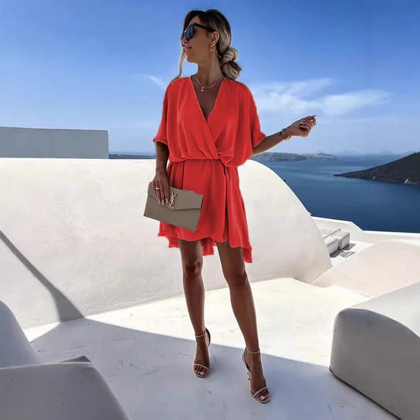 Women’s Wrap Dress – Deep V-Neck – Cinched Waist – Flutter Hem