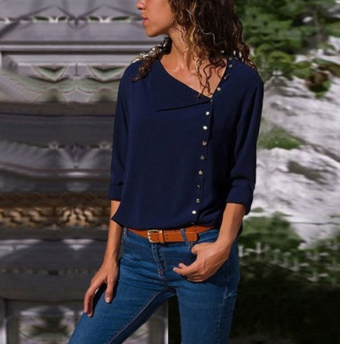 Women’s Shirt Top – Loose Fit – Cotton Blend – Asymmetrical Button – Long Sleeve