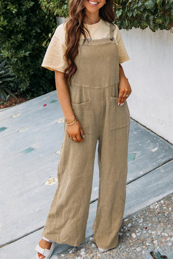Women’s Jumpsuit – Relaxed Fit – Cotton Blend – Wide Leg – Sleeveless – Front Pockets