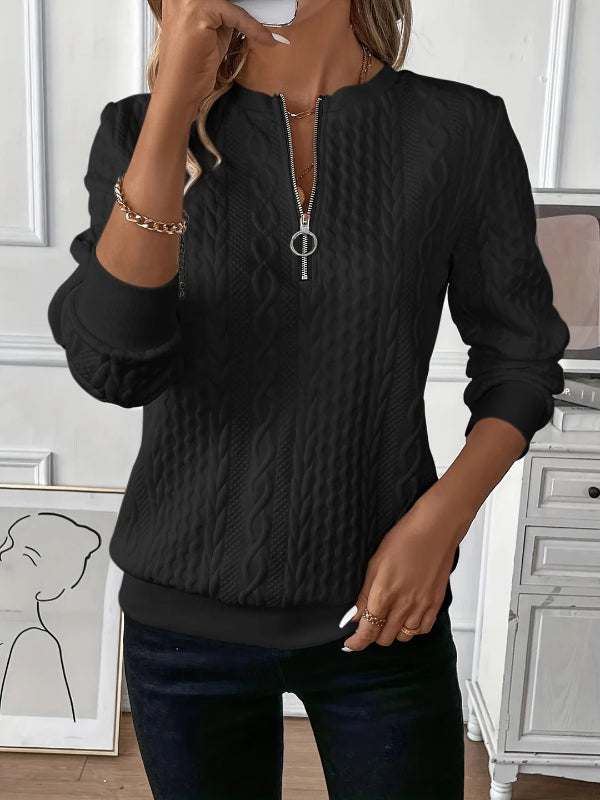 Women’s Half-Zip Sweatshirt – Relaxed Fit – Cable Knit Texture – Ribbed Cuffs