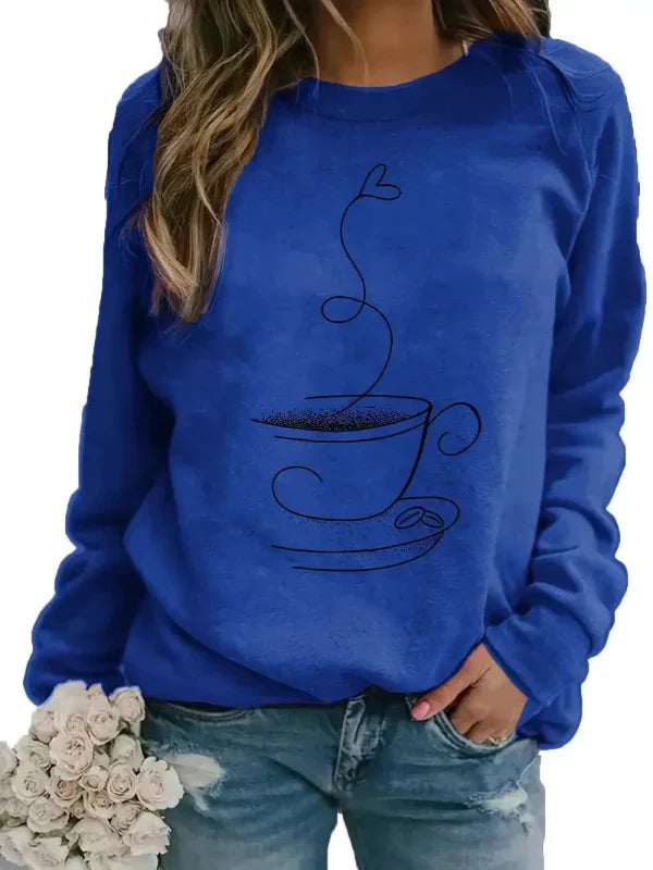 Women’s Sweatshirt – Relaxed Fit – Cotton Blend – Crew Neck – Coffee Cup Graphic Print