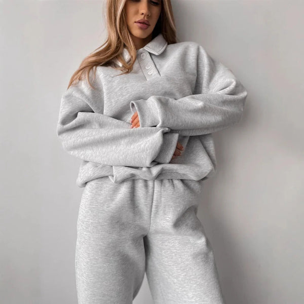 Women’s Two-Piece Sweatshirt – Relaxed Fit – Fleece Texture – Collared – Long Sleeve Lounge Top