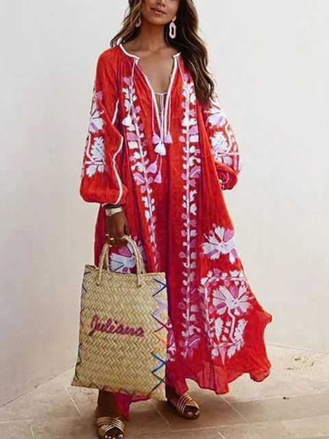 Women’s Kaftan Dress – Floral Embroidery – Flowy Fit – Breathable Cotton Feel