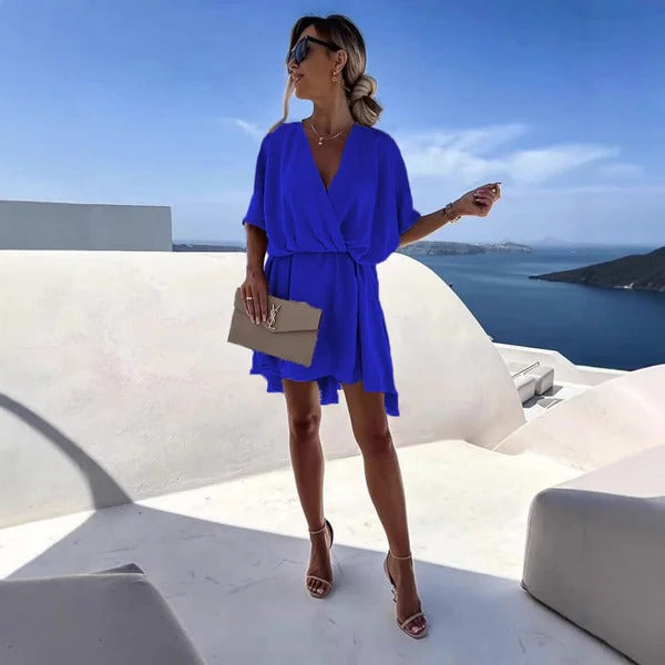 Women’s Wrap Dress – Deep V-Neck – Cinched Waist – Flutter Hem