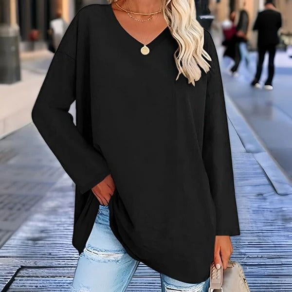 Women’s Long Sleeve Shirt – Oversized Fit – Cotton Feel – V-Neck Casual Style