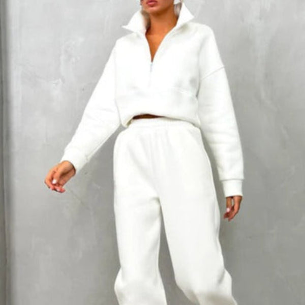 Women’s Two-Piece Sweat Set – Relaxed Fit – High Collar Half Zip Top – Cotton Blend – Elastic Waist