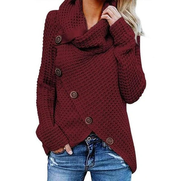 Women’s Sweater – Relaxed Fit – Waffle Knit – Cowl Neck – Asymmetric Button Front