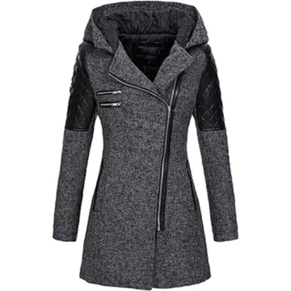 Women’s Jacket – Tailored Fit – Quilted Sleeves – Asymmetrical Zip – Hooded Mid-Length