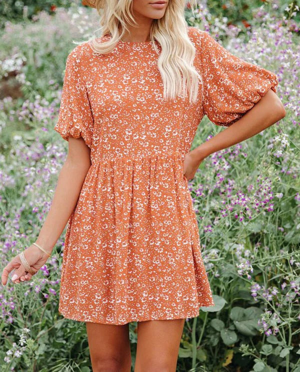 Women’s A-Line Dress – Puff Sleeves – Floral Pattern