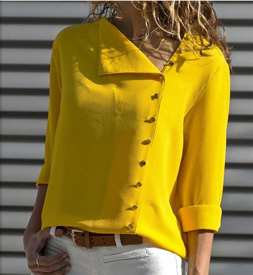 Women’s Shirt Top – Loose Fit – Cotton Blend – Asymmetrical Button – Long Sleeve