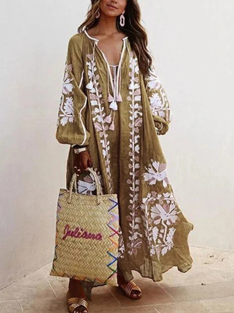 Women’s Kaftan Dress – Floral Embroidery – Flowy Fit – Breathable Cotton Feel
