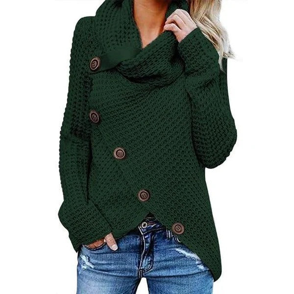Women’s Sweater – Relaxed Fit – Waffle Knit – Cowl Neck – Asymmetric Button Front