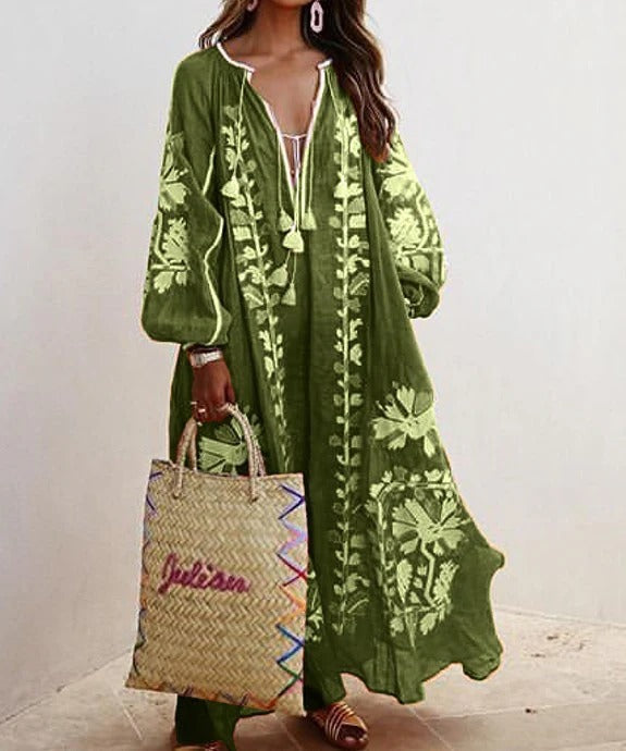 Women’s Kaftan Dress – Floral Embroidery – Flowy Fit – Breathable Cotton Feel