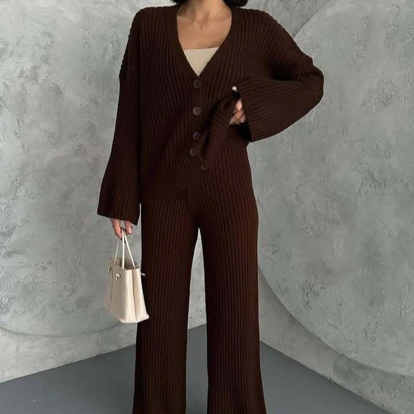 Women’s Two-piece Button-Front Cardigan – Knitted Ribbed – Oversized Fit – Wide Sleeves Lounge