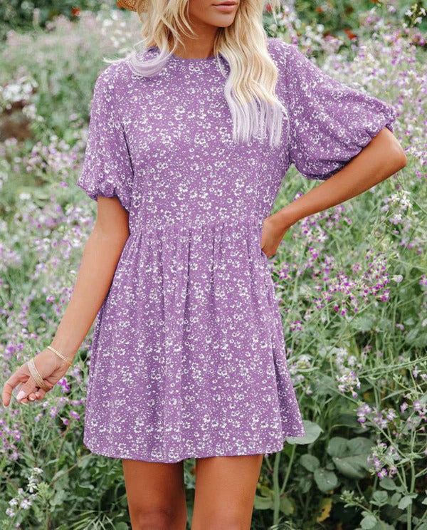 Women’s A-Line Dress – Puff Sleeves – Floral Pattern