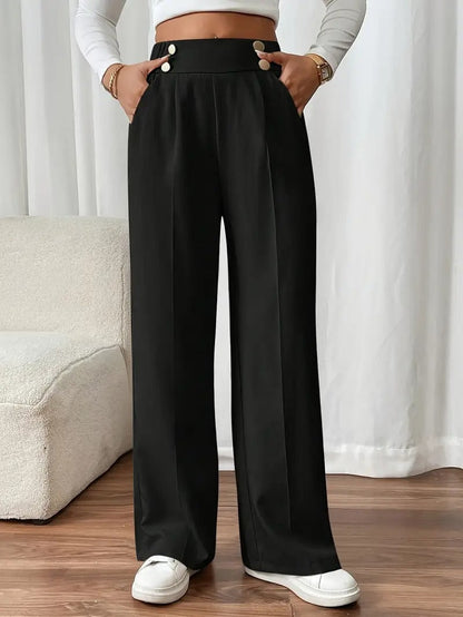 Chic Women's High-Waist Wide-Leg Trousers Black - Flattering Silhouette, Winter Ready