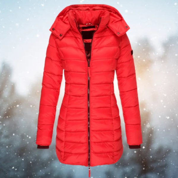 Women’s Long Puffer Jacket – Streamlined Fit – Quilted – Water-Resistant – Detachable Hood