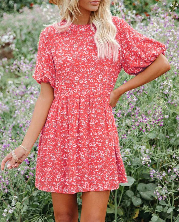 Women’s A-Line Dress – Puff Sleeves – Floral Pattern