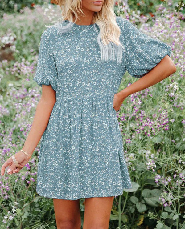 Women’s A-Line Dress – Puff Sleeves – Floral Pattern