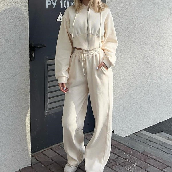 Women’s Two-PieceLounge Set – Relaxed Fit Hoodie Zip Sweatshirt – Wide-Leg Pants – Cotton Blend