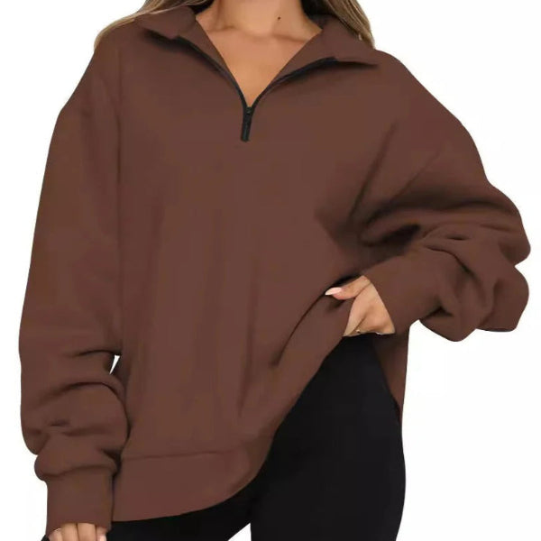 Women’s Sweatshirt – Oversized Fit – Cotton Feel – High Collar – Short Zip – Casual Wear