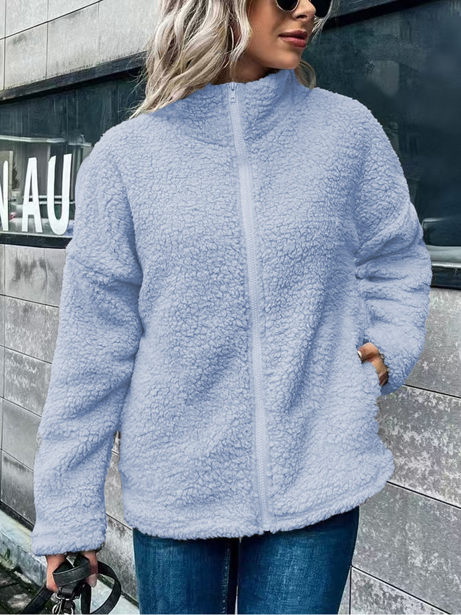 Women’s Fleece Coat – Oversized Fit – Wool Blend – Stand Collar – Long Sleeve Zip