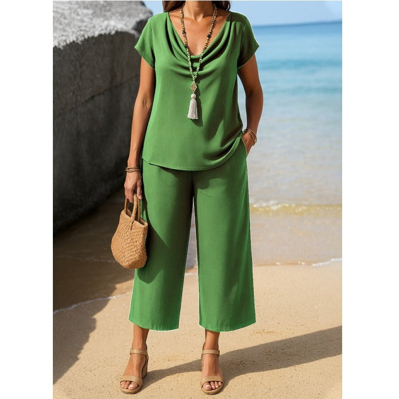 Women’s Pants Set – Soft Knit Relaxed Pullover – Pile Collar – Wide-Leg Cropped Pants
